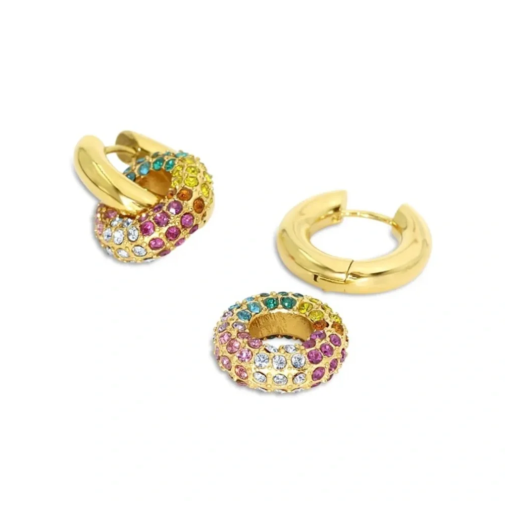 Jackie Mack Rainbow Crystal Gold Tone Double Hoop Earrings - Picture 3 of 5